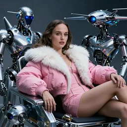 beautiful fantasy character portrait, natalie portman, wearing pink puffy bomber jacket with white fur, seductive reclining pose, futuristic chrome drones, ultra realistic, dramatic lighting, robots, mass effect artifacts, highly detailed by peter mohrbacher, hajime sorayama, wayne barlowe, boris vallejo, aaron horkey, gaston bussiere, craig mullins