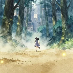 anime, incredible wide screenshot, ultrawide, simple watercolor, rough paper texture, ghost in the shell movie scene, girl in a dress running through the beautiful forest city, outdoors, fireflies bleached ground, mud, fog, dust