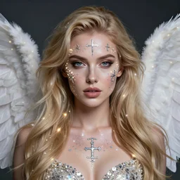beautiful blonde female fallen angel, studio lighting, perfect eyes, detailed face, cover model, magic, technology, sigils, leds, shimmer, diamonds dust, rhinestones,