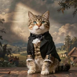 a cute cat posing in a detailed victorian suit