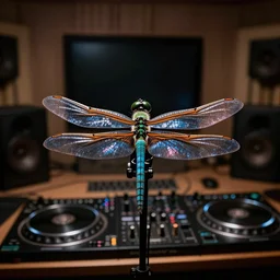 dragonfly recording a new music, dark fantasy, electronic music, rave, HD, strong contrast