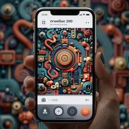 orwellian smart phone interface by maciej kuciara, 2 0 0 6 technology, extremely detailed, intricate, concept art, smooth, hyper realistic, vibrant colors, cinematic, surrealist art style, 3 5 mm grain filter, artstation