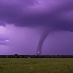 a tornado colored purple in the distant landscape