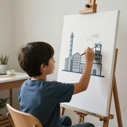 A boy sitting on a chair and painting a factory on a canvas,