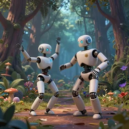 robots dancing in a magical forest by greg rutkowski and thomas kinkade, trending on artstation, 3 d render octane