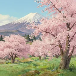 cherry blossom, mountain in background, detailed landscape, classical painted landscape, trending in artstation, in the style of studio ghibli, wlop, 8 k artstation