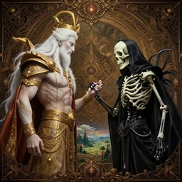the majestic god of life meets the mysterious god of death, scene from an animated film, dramatic, cinematic shot, beautiful stunning painting, high contrast, ornate and intricate designs, amazing landscape