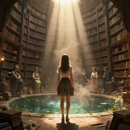 A girl standing in front of an endless magical library, sunrays, dust in the air, DnD character, unreal engine, octane render, dramatic lighting, pond, digital art, by Stanley Artgerm Lau, greg rutkowski, thomas kindkade, alphonse mucha, loish, norman Rockwell,