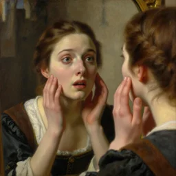 closeup portrait painting by Edmund Blair Leighton of a beautiful medieval barmaid, detailed face, she has a surprised and sad expression on her face, looking in the mirror at her reflection, she is touching her face with her hands, castle interior in the background, 4k oil on linen, highly detailed, soft lighting 8k resolution