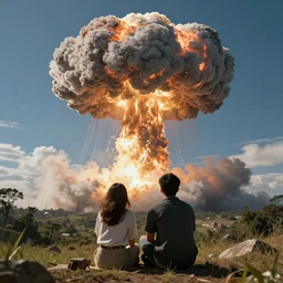 a couple sitting on a hill watching a nuclear bomb mushroom cloud, artstation, digital art, highly detailed