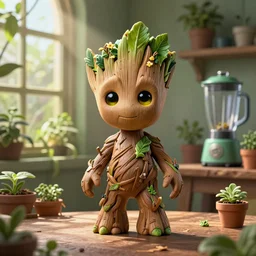 small chubby half of groot, in a pot, yellow!! eyes!, head mandrake!! head with leaves!!! leaves on head, small flowers, in the!! herbology, on the table!!! in greenhouse!!!, in ray of light from the window!!, blender, sharp focus, matte painting, by kinkade, by artger