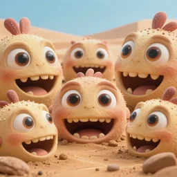 of a desert with large cute strange friendly creatures with huge eyes, mouth and teeth appearing from the ground, in the style of James Jean, macro lens, shallow depth of field, highly detailed, digital painting, trending artstation, concept art, illustration, cinematic lighting, vibrant colors, photorealism, epic, octane render