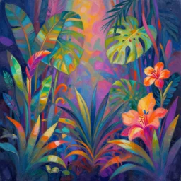 a painting of tropical plants and flowers by lisa frank, behance, psychedelic art, psychedelic, airbrush art, digital painting