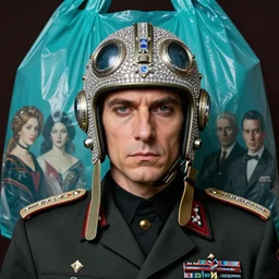 hyperrealistic detailed portrait of a military brutal character in ornate diamonds fighter pilot helmet, in background turquoise plastic bag, rich deep colors, ultra detail, by francis bacon, james ginn, petra courtright, jenny saville, gerhard richter, zdzisaw beksinski, takato yamamoto. masterpiece, elegant fashion studio ighting, 3 5 mm
