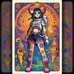 cute solar punk goth fashion fractal Día de los Muertos tattooed astronaut girl posing, psychedelic poster art of by Victor Moscoso Rick Griffin Alphonse Mucha Gustav Klimt Ayami Kojima Amano Charlie Bowater, masterpiece, 8k