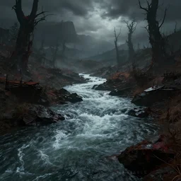 river in hell, hellish landscape, unforgiven, banished, 8k, octane render, unreal render, ultrarealistic, photorealistic