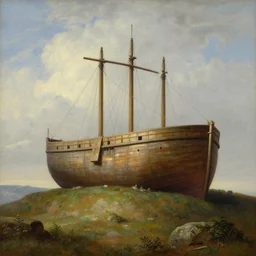 illustration of Noahs Ark on top of a hill, realistic painting, classical painting, high definition, digital art, matte painting, very detailed, realistic