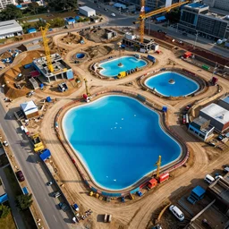 colorful construction site with pools of bright blue water, birds eye view