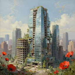 a beautiful hyperdetailed painting of industrial architecture abandoned nature unfinished building architecture summit building by rosa bonheur, biopunk made of glass liberty city poppy postcyberpunk, archdaily, wallpaper, highly detailed, trending on artstation.