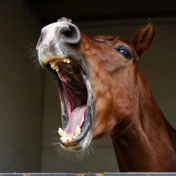 liz truss inside a horse, her head visible in the horse's throat as it yawns