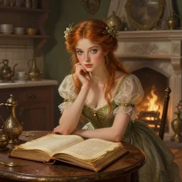 a portrait of a fairy in a vintage magical kitchen, with one vintage book on a table, with a fireplace in the background d & d, fantasy, intricate, elegant, highly detailed, digital painting, artstation, concept art, smooth, sharp focus, illustration, art by artgerm and greg rutkowski and alphonse mucha