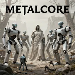 metalcore album cover design illustrating a biblical scene with robots