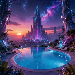 a beautiful detailed highly detailed architecture swimming pool by louis kahn, galactic sunset bladerunner 2 0 4 9 alien tron lightpaint neon noir cyberpunk at dawn cosmic water atlantis tokyo fantasy myst crystal forest postcyberpunk anime apocalyptic, archdaily, wallpaper, highly detailed, trending on artstation.