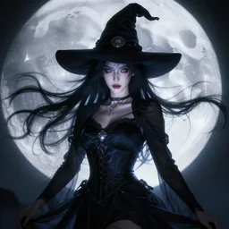 portrait of moon witch, beautiful, attractive, glowing, jaw dropping, magical, dynamic lighting, dark, menacing, 4 k, age 2 0, background moon, anime