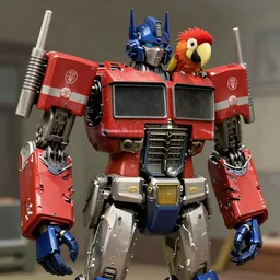 A detailed, 4k screenshot of the parrot robot from the Transformer anime, a collaboration between Michael Bay and Hayao Miyazaki.