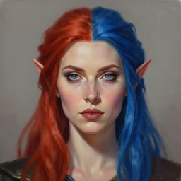 A detailed matte oil on canvas head on symmetrical portrait of a distinguished elven woman with red hair left and blue hair  right (((((makeup))))) by Charlie bowater and lise deharme wlop, trending on artstationhd,  dungeons and dragons art critical role