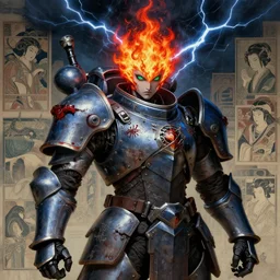 composition portrait of gothic and futuristic, warhammer, cyber japan style armor, more and more scars, thunderstorm, fire head, green eyes, blue and red, highly detailed, artstation, in the style of moebius, jugendstil and classic japanese print, art by jean delville and rene magritte