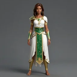 full body portrait of a rugged female warrior brown skin medium length brown hair and a very highly detailed face wearing elegant white, green and gold plate mail armor intricately painted, holding a huge shield, very highly detailed, artstation, realistic character concept artgerm, sharp focus, by greg rutkowski, and magali villeneuve