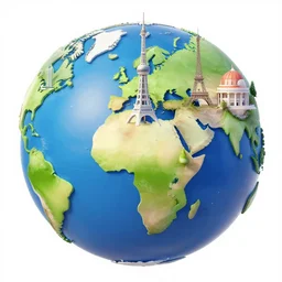 a vector globe illustration with famous 3 d touristic landmarks on it, 3 d render, 3 d model, smooth, ray tracing, illustration, in the style of maxim shkret