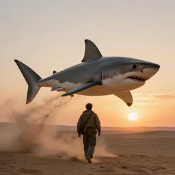 telephoto paul walker walks away with a giant great white shark, sand kicking up, sunset, 8 pm, desert, sunset, wind and dust blowing, movie ending, lawrence of arabia