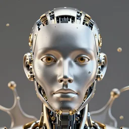 intricate 3d render of a complex robotic human face, liquid simulation background, dramatic lighting, silver gold red details, hexagonal mesh wire, filigree intricate details, cinematic, fleshy musculature, elegant, octane render, 8k post-processing