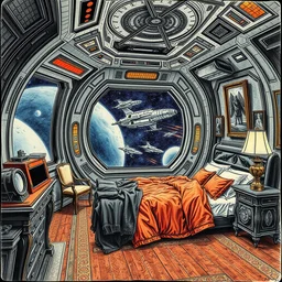 punk rococo bedroom nice view in a space station starwars spaceships, ink drawing by karl kopinski kim jung giu and weta studio, and lucasfilm and jesper ejsing and norman rockwell greg rutkowski frank frazzeta