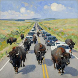 a herd of buffalo crosses the road in south dakota, holding up traffic, painted by matisse