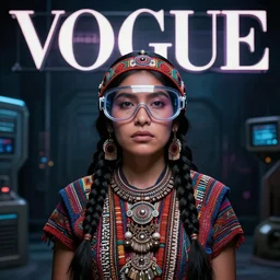 vertical portrait of ancient ecuadorian female with space glasses, cyberpunk style, standing in the dark room, under neon logo, extremely fine detail background, highly detailed, detailed eyes, high quality, fashion editorial photography, hyperrealistic, from vogue magazine