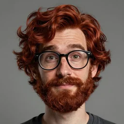 pleasant, nerdy man character portrait, dark auburn wavy hair, beard, glasses without frames, freckles, by don bluth, highly detailed, dynamic shadows, 4 k, wallpaper - 1 0 2 4