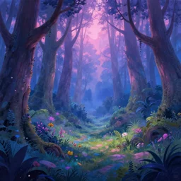 a brilliant lush landscape with magical forest, in the style of james gurney, by rhads, trending on artstation, blue purple pink colours