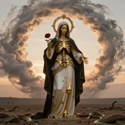 golden metalic skeleton female saint with warm backlight, full body saint pose, white and black catholic virgin robe and cactus aureola, holding a rose. background: whirlpool of clouds forming a ring. sunset light. barren land beneath with serpents. apocalyptic. low angle. rembrandt style