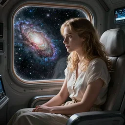 pretty woman, sitting sad and alone in spaceship, gazing at view of galaxy in space through a window, by michael whelan, jim burns, peter andrew jones, michael hutter, sharp digital painting. dreaming latent space. matte painting, concept art. artstation. digital render.
