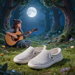 felurian qween of feiry slip on stone in magical forest of feiry and young quout play on guitar near and look to stealed moon