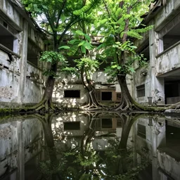 trees growing from the ceiling of a dilapidated decaying building casting a reflection in water in the ground by claude monet