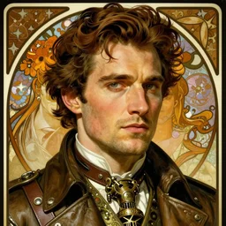 realistic detailed head and shoulders portrait of henry cavill as a steampunk adventurer by alphonse mucha, ayami kojima, amano, greg hildebrandt, and mark brooks, male, art nouveau, neo - gothic, gothic