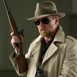 sweating blonde Viktor Reznov from Call of Duty: World at War with a beige coat as The American Psycho, a blonde goatee, short hair, beige fedora, and sunglasses, holding a wooden sniper rifle, photorealistic, dramatic lighting, establishing shot, The American Psycho film still