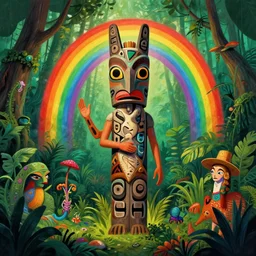 amazon jungle person totem rainbow spirit energy, style of rob gonsalves, chris foss, gil elvgren, dali