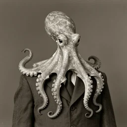 anthropomorphic octopus , wearing a suit, tentacles spilling out of the collar, long neck, bust portrait vintage photograph, sepia