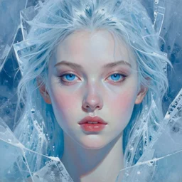 portrait of beautiful girl, blue eyes, frozen in ice, by kilart, artgerm, 8 k, hyper detailed, hyper realism, acrylic paint, surrealism, smooth, sharp focus, peter lindbergh, sam spratt, michael page, glenn brown, greg hildebrandt, brian froud, paolo rovers