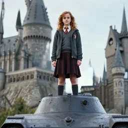 Photo of Emma Watson as Hermione Granger on top of a tank in Hogwarts, establishing shot